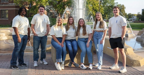 UNK’s homecoming royalty finalists are, from left, Shawn Peterson, Caleb Wiseman, Olivia Lawless, Courtney Cox, Sydney Owen, Lily Seibert and Lance Haberman. Joey Orellana isn’t pictured. (Photo by Erika Pritchard, UNK Communications)